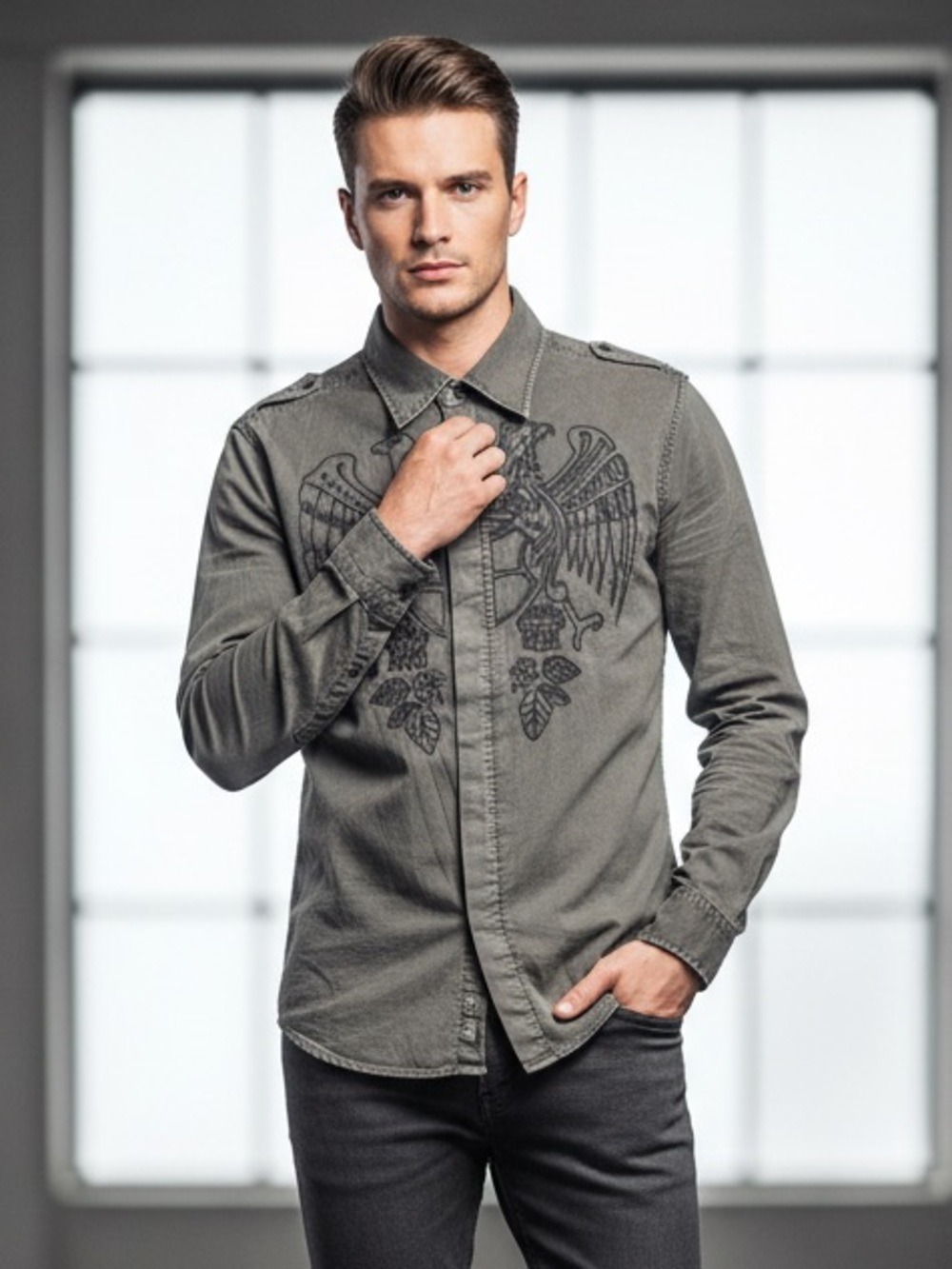 Buffalo David Bitton Men’s Eagle Embroidered Button Down Shirt Sz L Gray Grunge